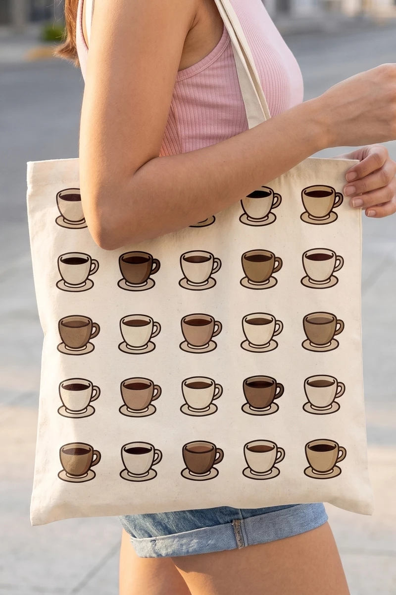 Coffee Cup Repeat Print Canvas Tote