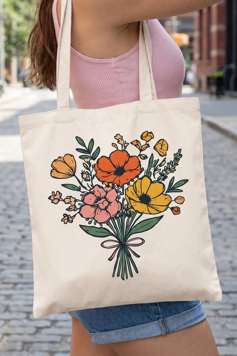 Wildflower Bouquet Print Canvas Tote