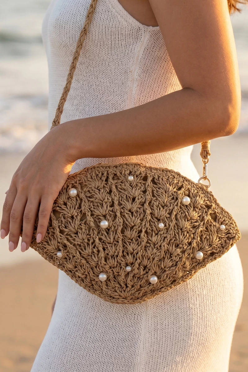 Pearl Beaded Straw Crochet Crossbody Bag