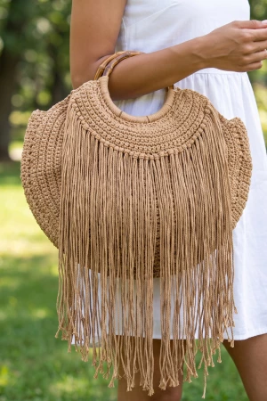 Crochet Fringe Handbag With Bamboo Handles