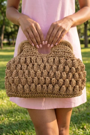 Bobble Crochet Handbag With Cutout Handle