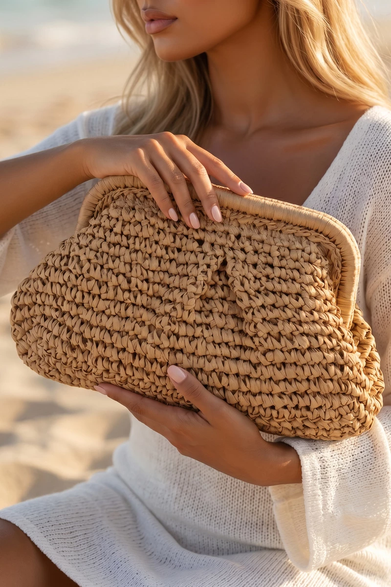 Ribbed Straw Crochet Frame Pouch