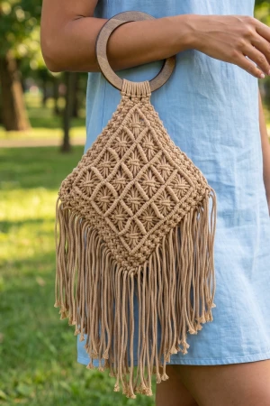 Macrame Fringe Handbag With Wood Ring Handle