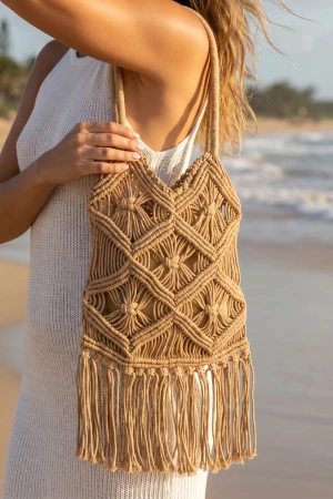 Macrame Fringe Straw Tote Bag