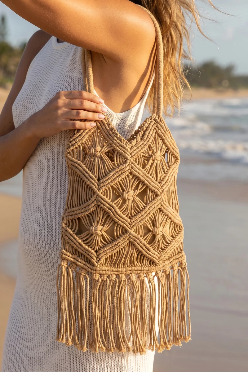 Macrame Fringe Straw Tote Bag