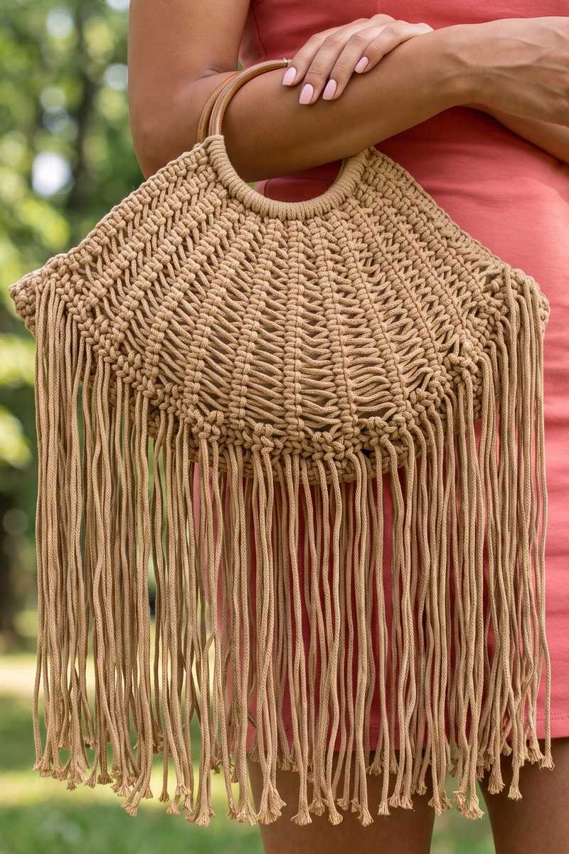 Open Weave Macrame Fringe Fan Handbag