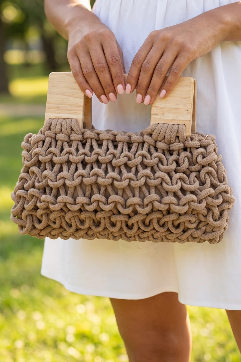 Knotted Rope Handbag With Square Wood Handles