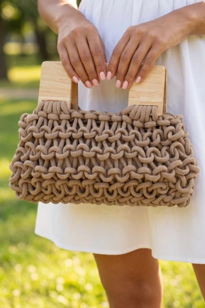Knotted Rope Handbag With Square Wood Handles