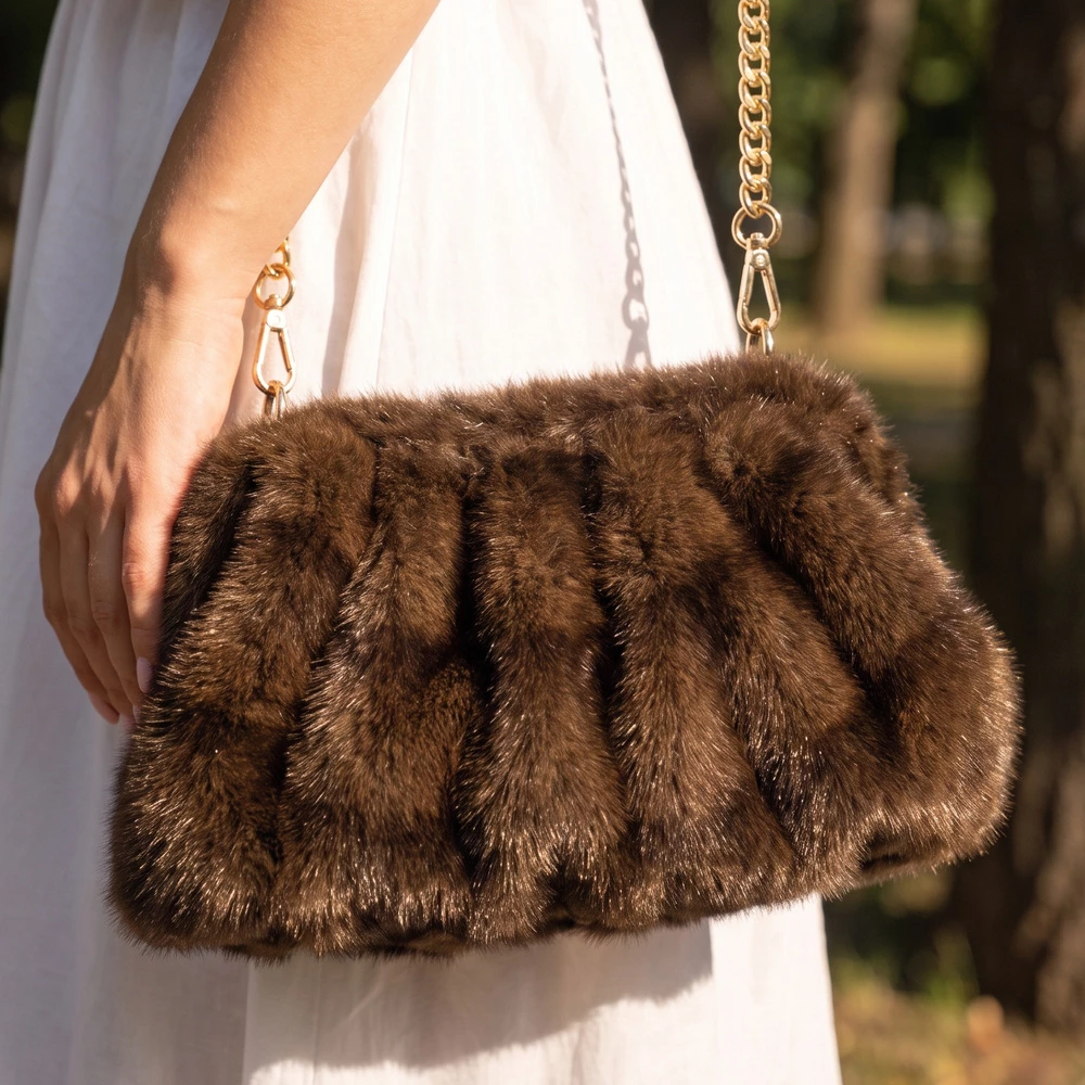 Pleated Plush Chain Strap Crossbody Bag