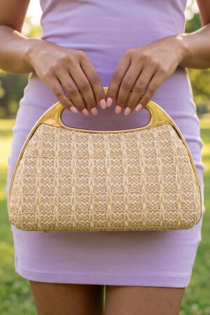 Woven Dome Hard Case Handbag With Metal Frame