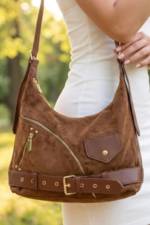 Suede Zip Detail Buckle Hobo Bag