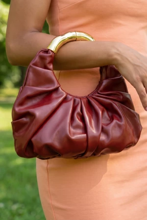 Ruched Vegan Leather Ring Handle Bag