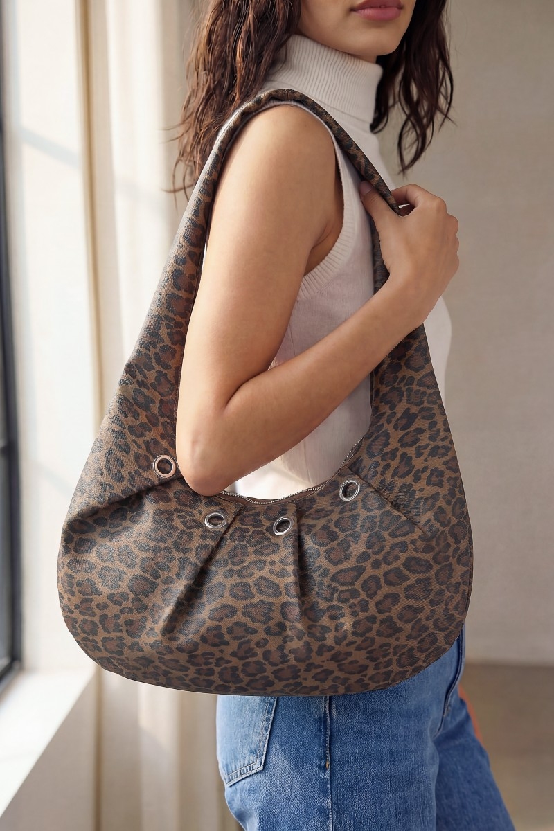 Leopard Print Grommet Accent Hobo Shoulder Bag