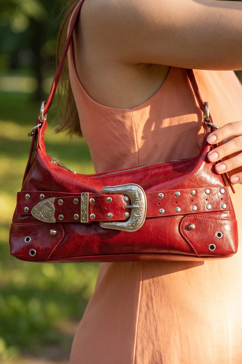 Studded Western Buckle Vegan Leather Shoulder Bag