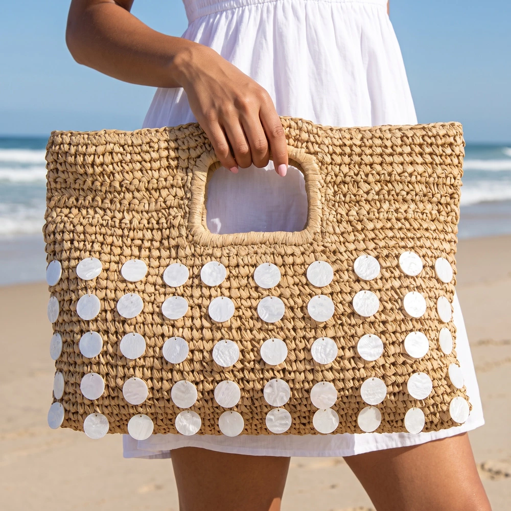 Crochet Straw Cutout Handle Tote With Shell Discs