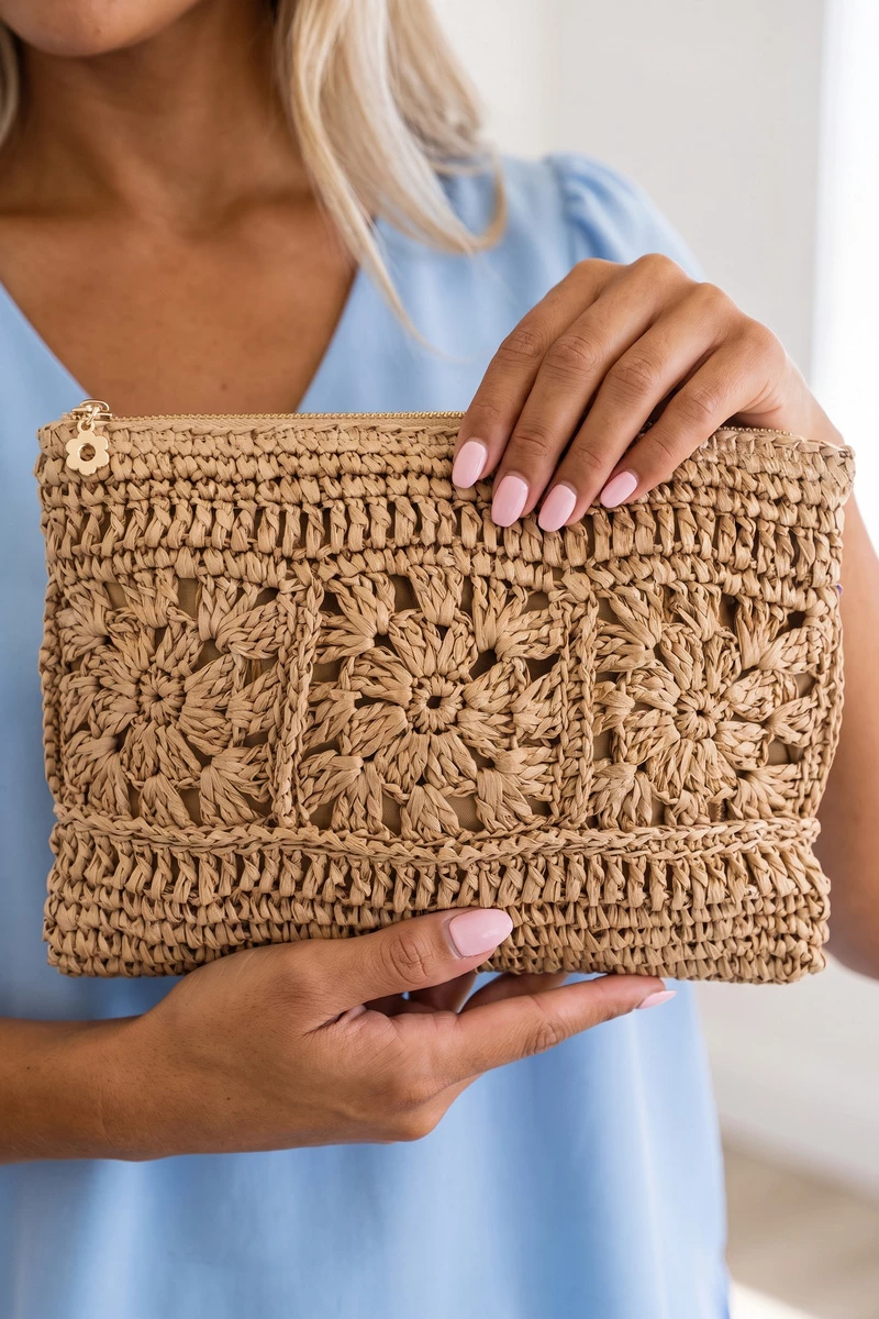 Straw Crochet Clutch With Flower Motifs