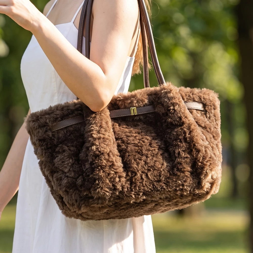 Plush Teddy Belted Double Handle Shoulder Bag