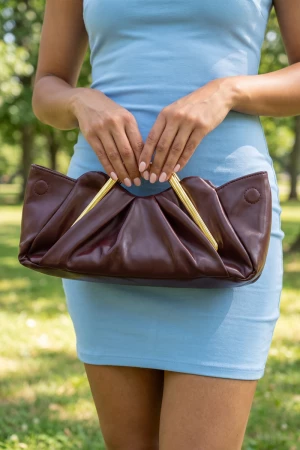 Ruched Vegan Leather Frame Clutch Bag
