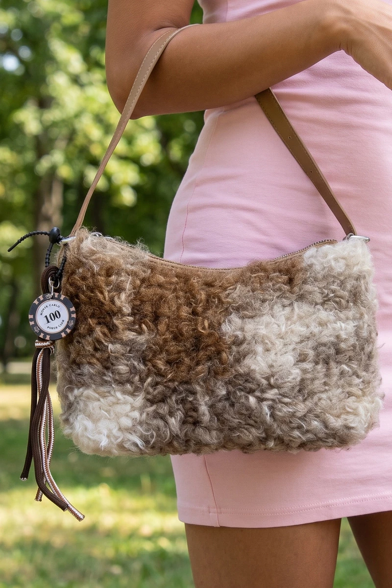 Plush Sherpa Shoulder Bag With Poker Chip Charm