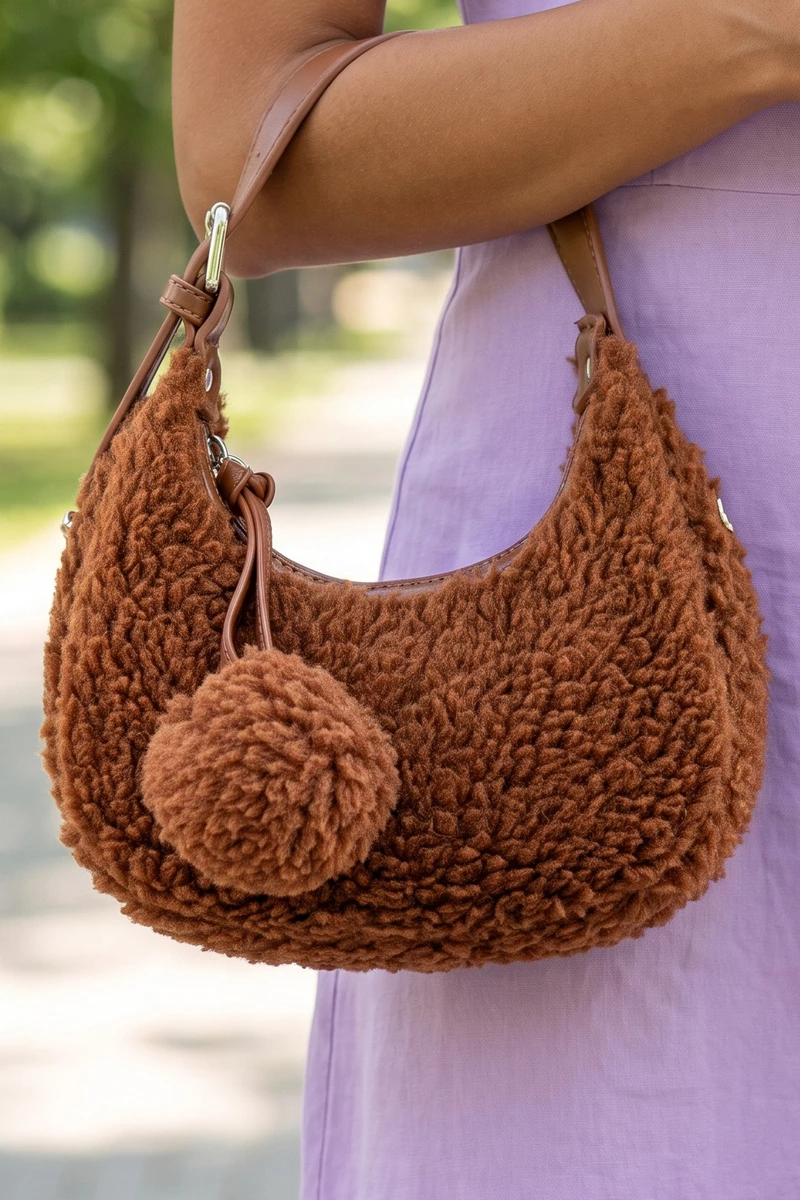 Sherpa Fleece Pom Charm Hobo Bag