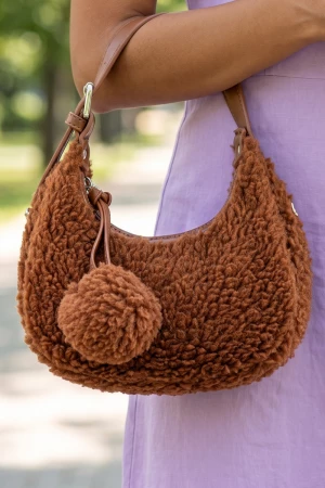 Sherpa Fleece Pom Charm Hobo Bag