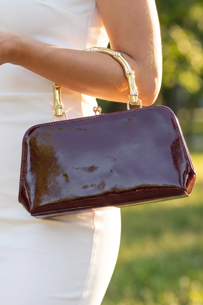 Patent Vegan Leather Bamboo Handle Frame Bag
