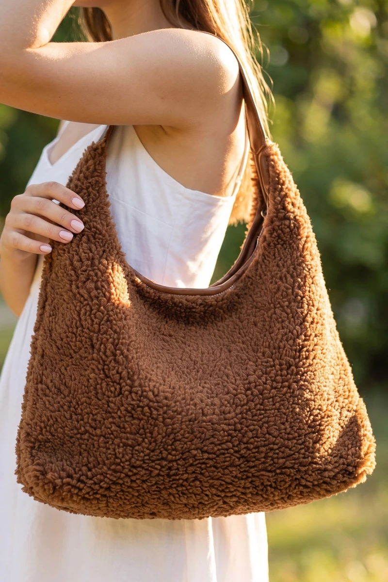 Teddy Sherpa Hobo Bag With Vegan Leather Handle