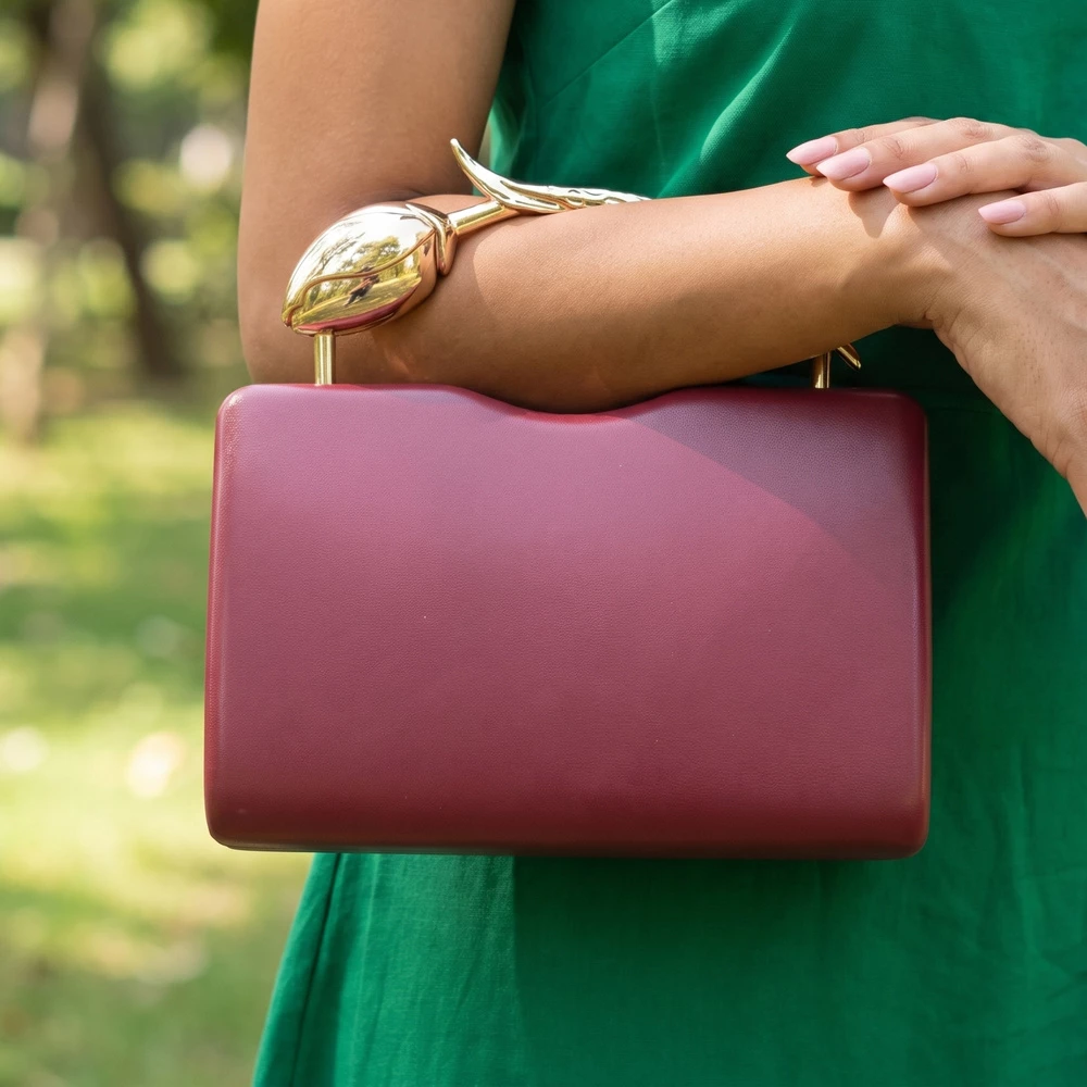 Sculpted Leaf Handle Hard Case Evening Clutch