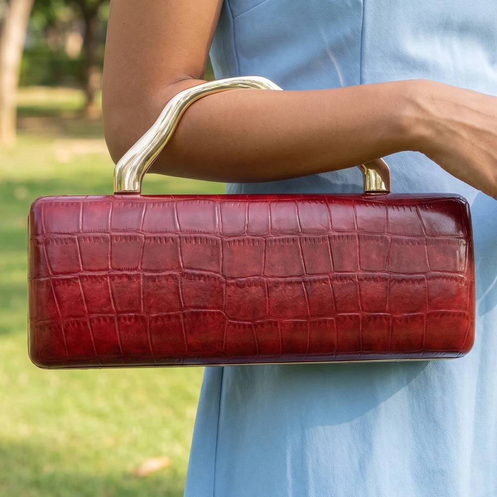 Croc Embossed East West Clutch With Sculpted Handle