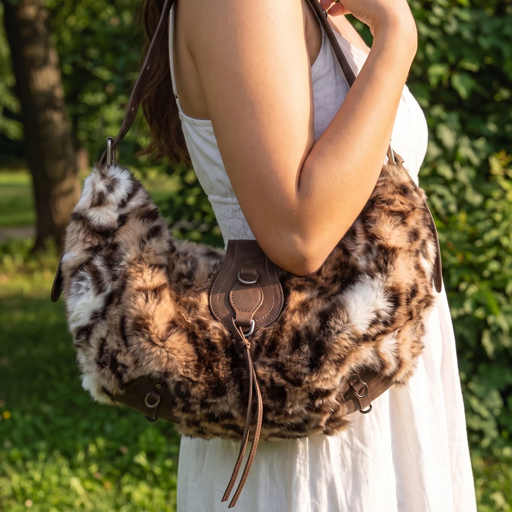 Leopard Plush Fur Crescent Hobo Shoulder Bag