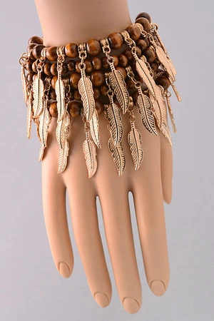 Metallic Feather Charm Beaded Boho Bracelet Set.