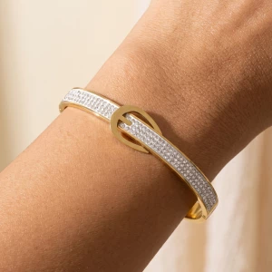 Pave Rhinestone Belt Buckle Hinged Bangle Bracelet