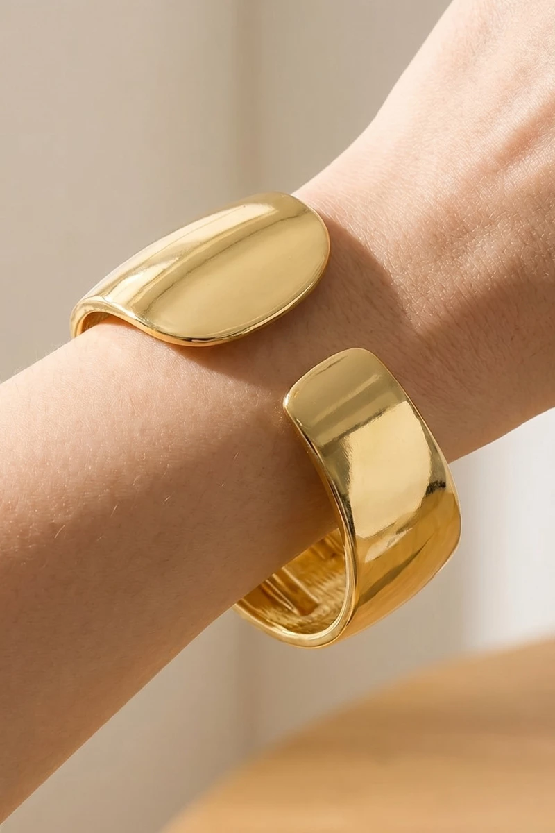 Wide Polished Metal Spring Hinge Cuff Bracelet