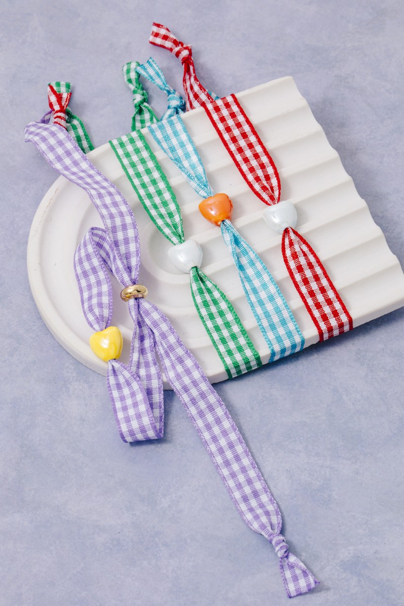 Ceramic Heart Charm Plaid Ribbon Bracelet