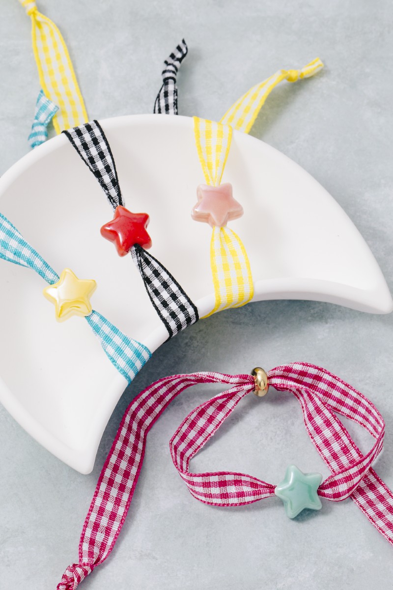 Ceramic Star Charm Plaid Ribbon Bracelet