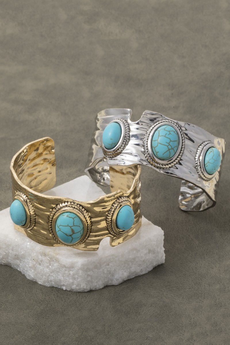 Metallic Textured Turquoise Stone Cuff Bracelet