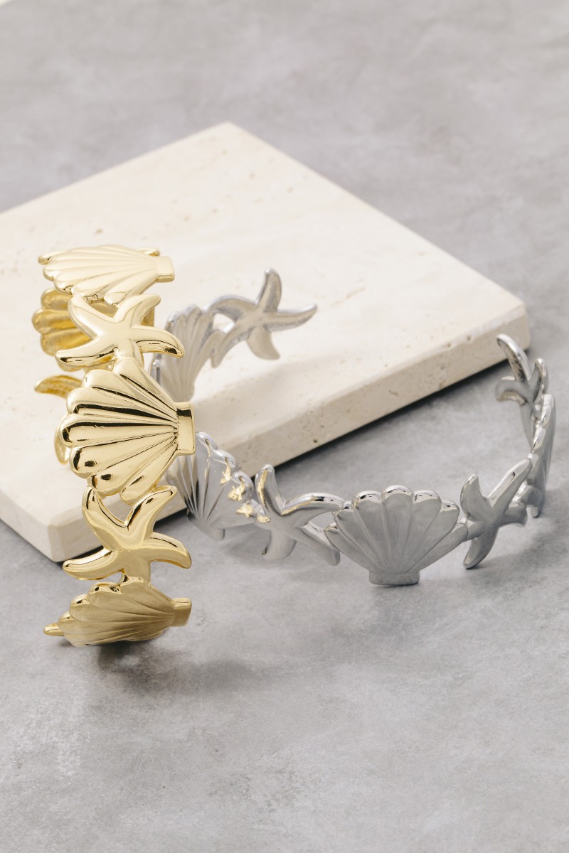 Stainless Steel Sea Shell And Starfish Cuff Bracelet