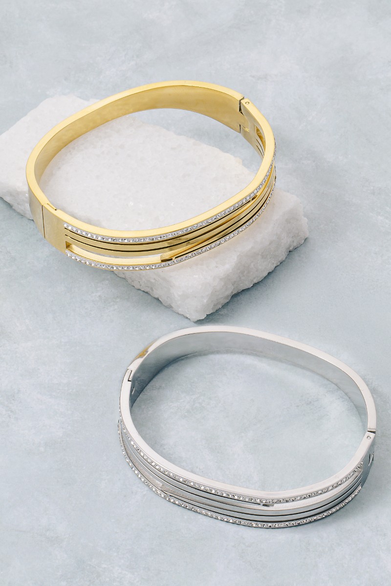 Stainless Steel Pave Trim Bangle Bracelet