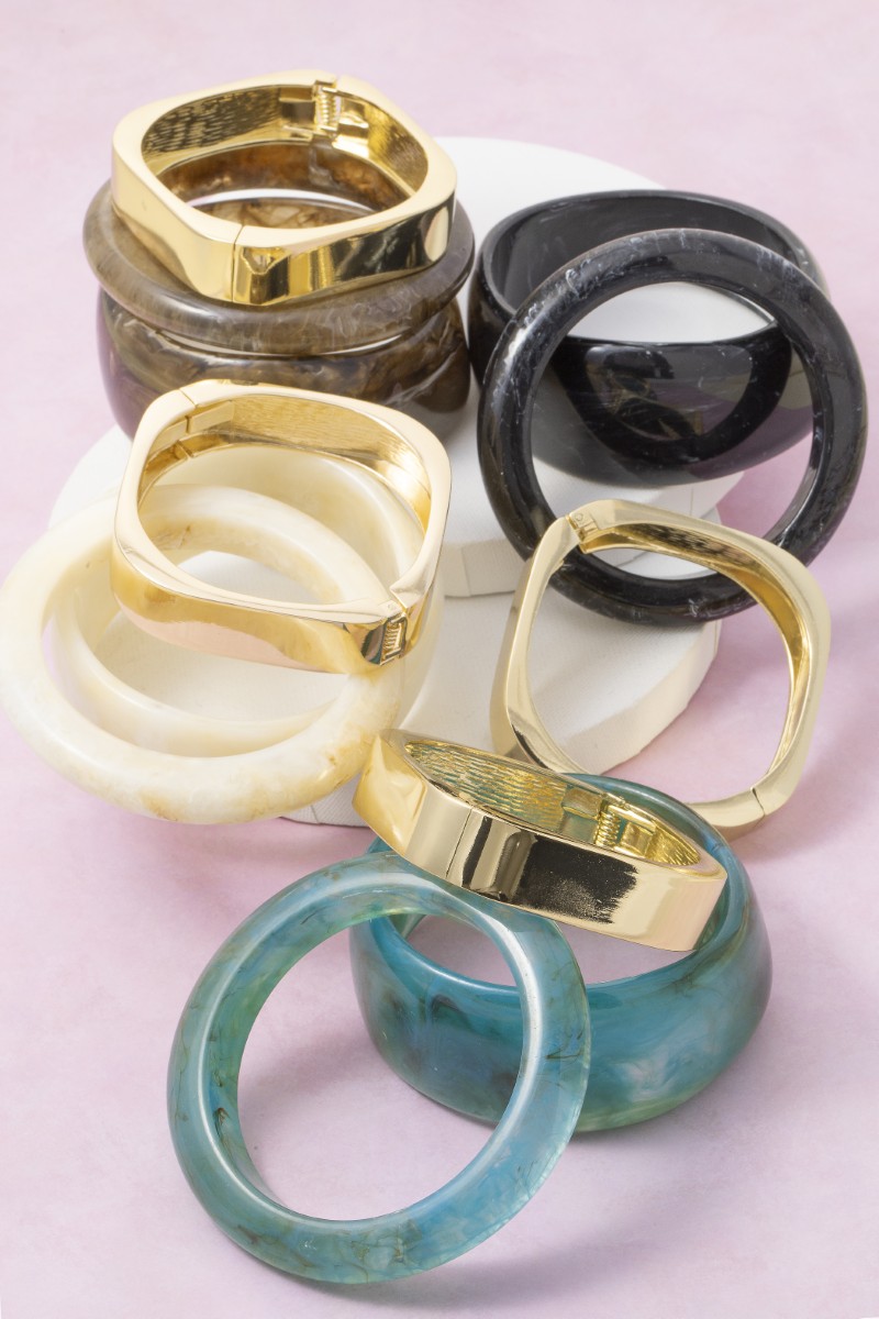 Wide Marble Resin And Metallic Square Hinge Bangle Bracelet Set