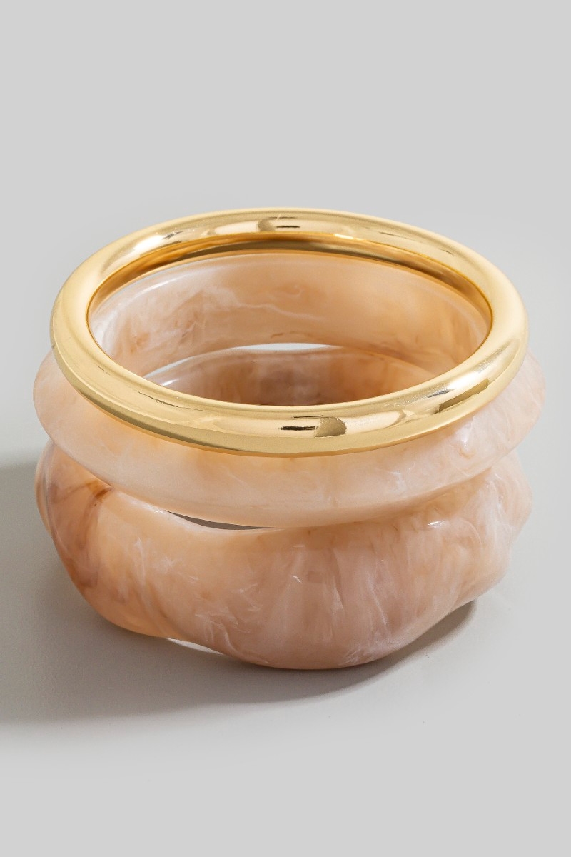 Metallic Tube And Wide Marble Resin Bangle Bracelet Set