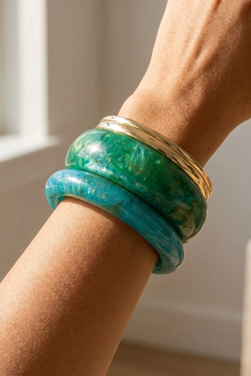4 Piece Marbel Resin And Metallic Bangle Bracelet Set