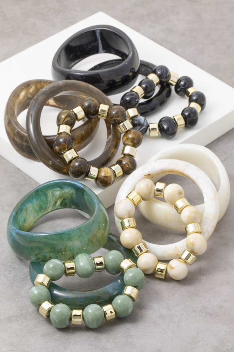Marble Resin Wide Bangles And Elastic Beads Bracelet Set