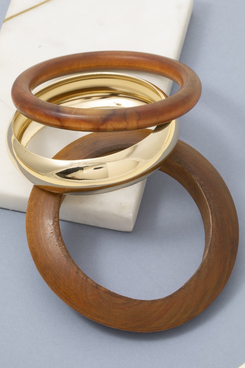 3 Piece Wood And Metallic Bangle Bracelet Set