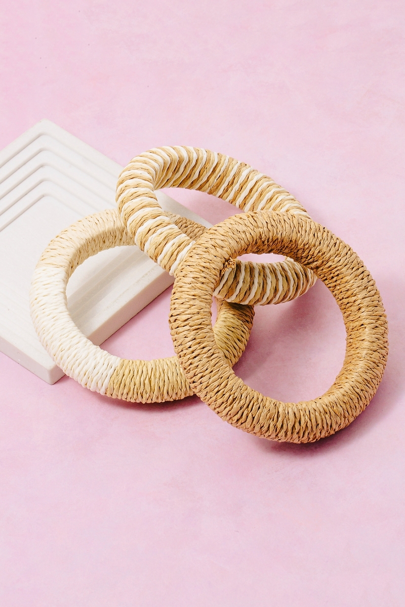 3Pc Mixed Straw Weave Bangle Bracelet Set