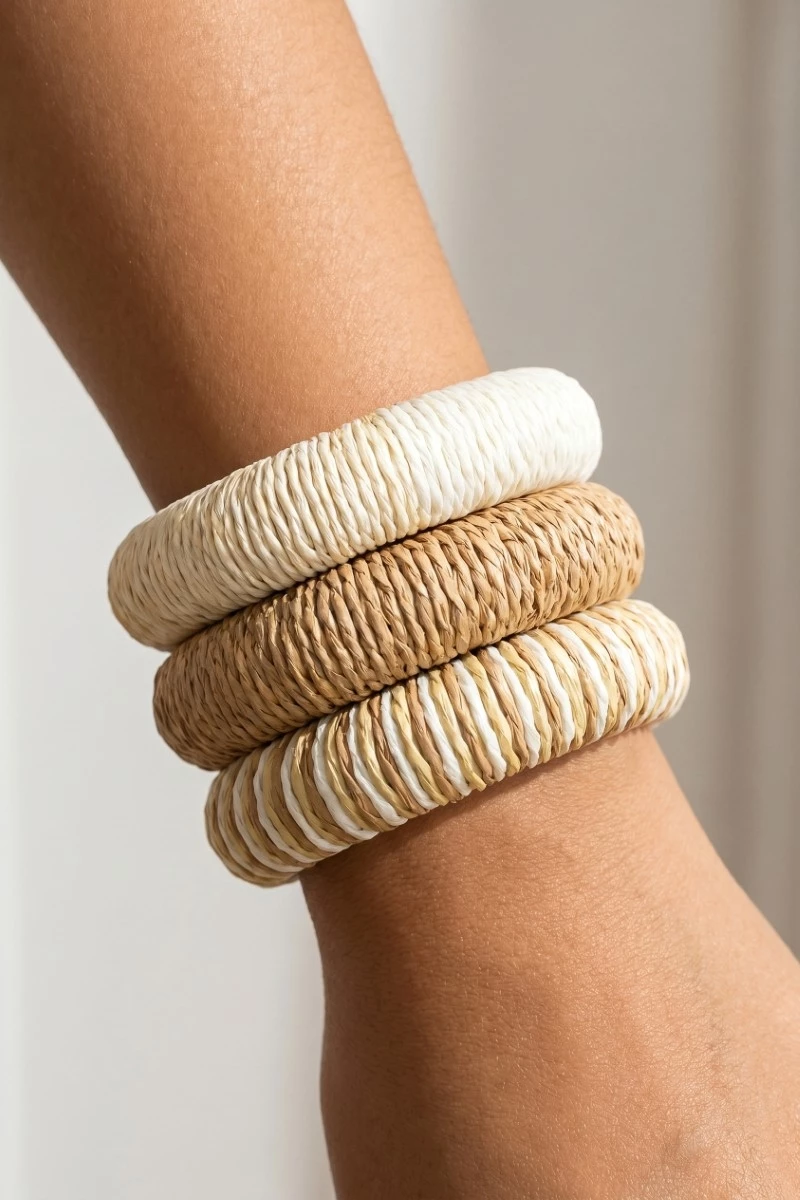 3Pc Mixed Straw Weave Bangle Bracelet Set