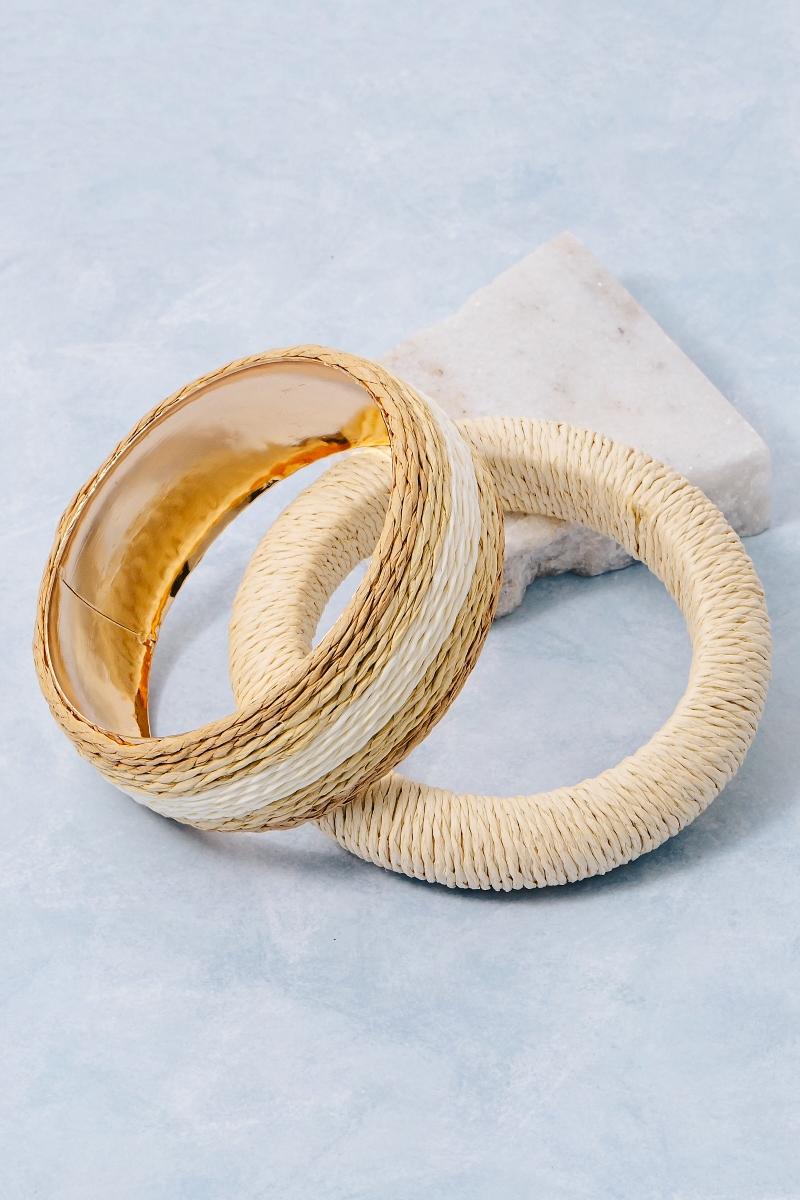 2Pc Mixed Straw Weave Bangle Bracelet Set