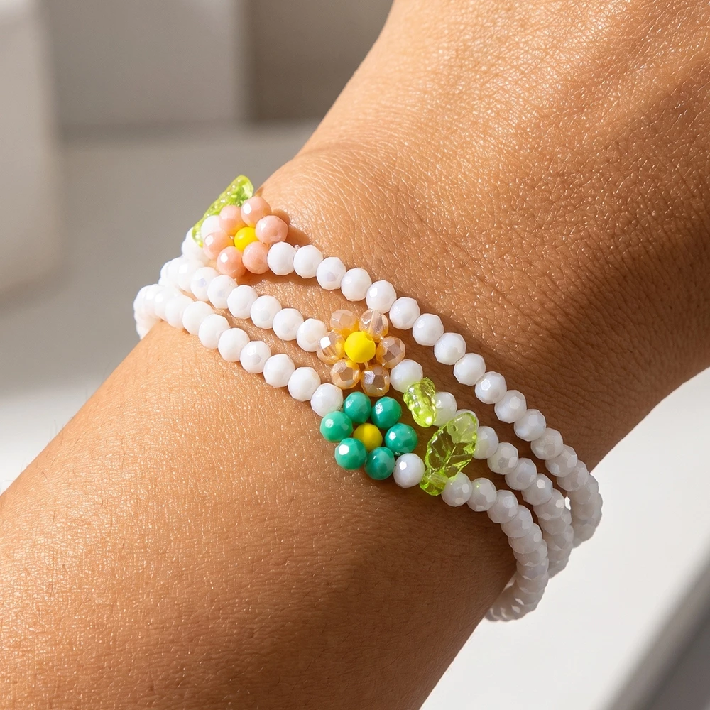 Beaded Flowers And Leaves Bracelet 3 Set
