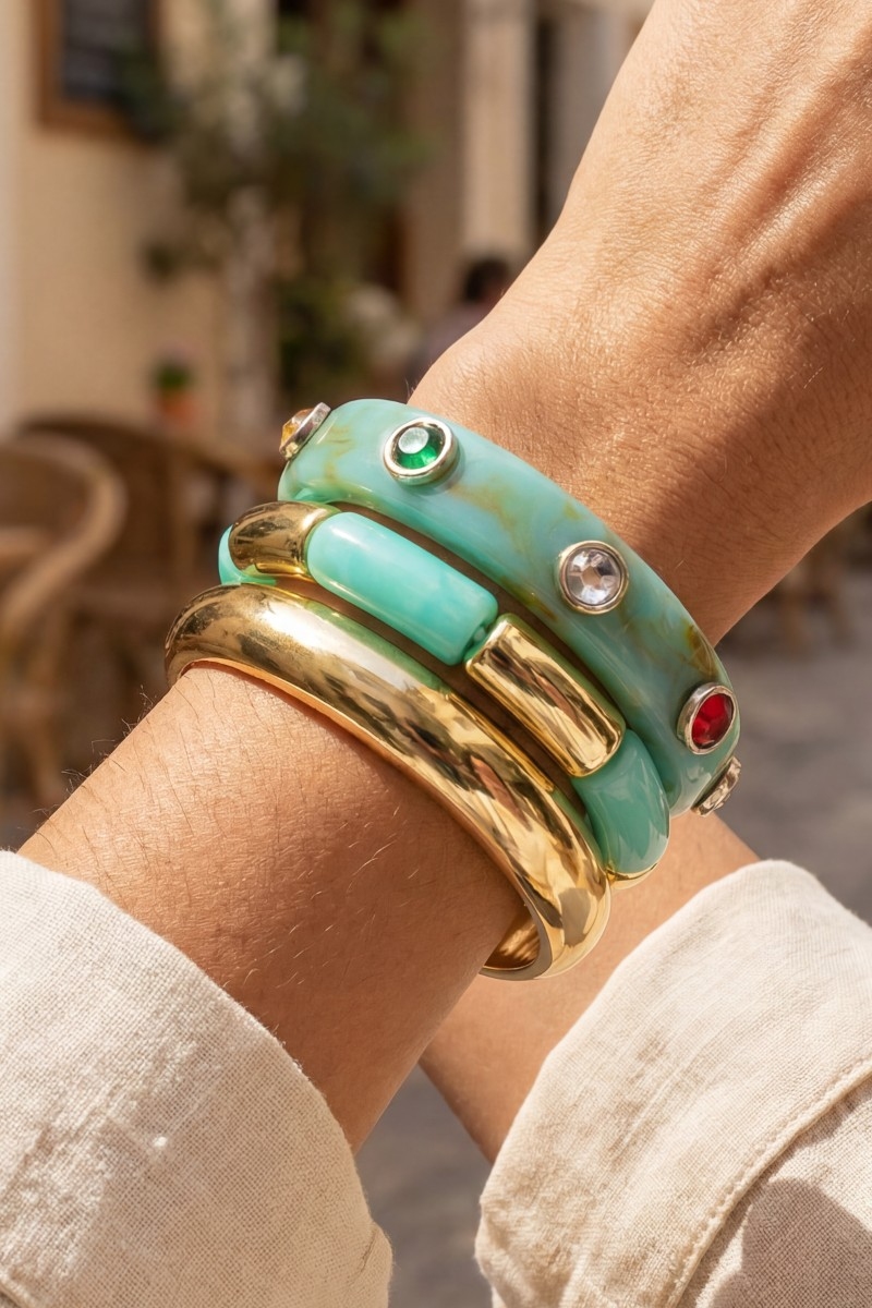 Studded Marble Resin And Metallic Bracelet Set