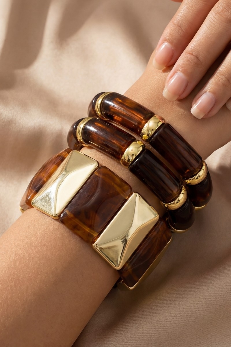 Chunky Marble Resin And Metallic Beads Elastic Bracelet Set