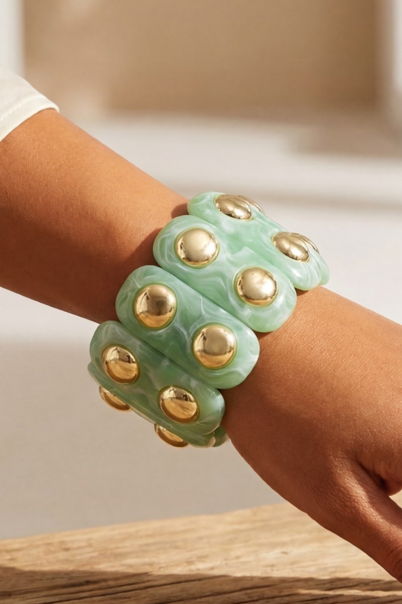 Metallic Studded Marble Resin Bars Elastic Bracelet